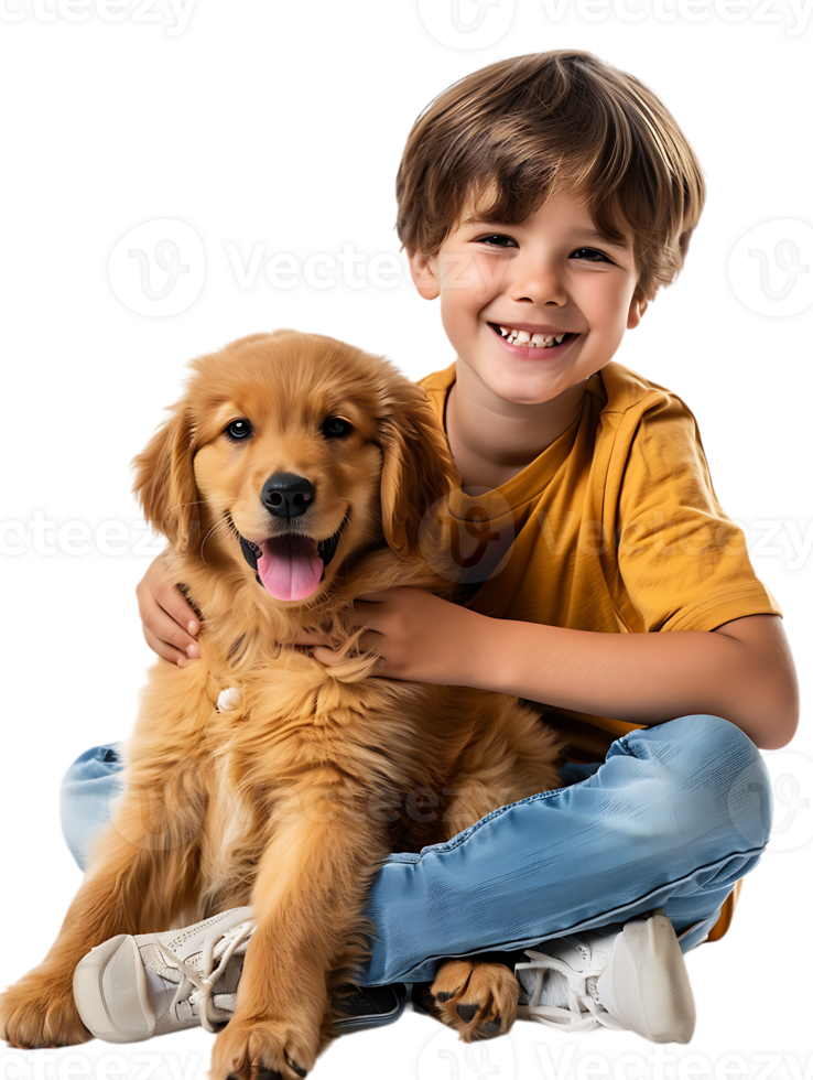joyful young boy with a dog, isolated against a transparent background png