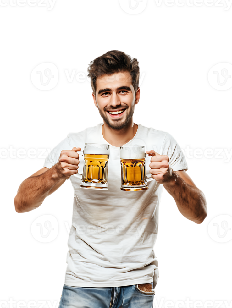 Joyful guy with two beer mugs, pictured against a transparent background png