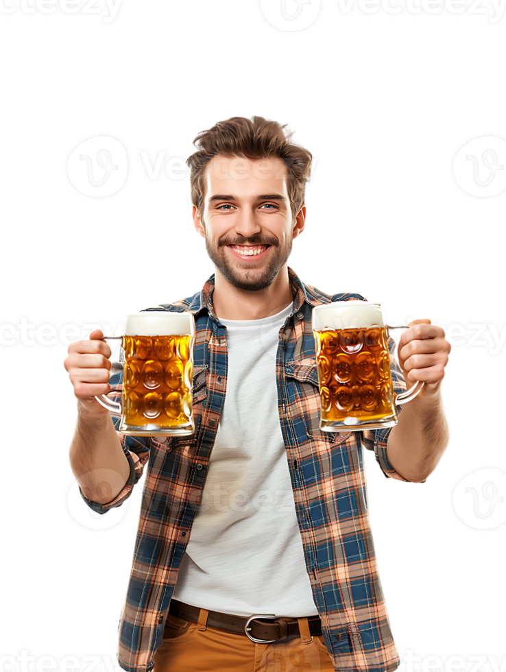 Joyful guy with two beer mugs, pictured against a transparent background png