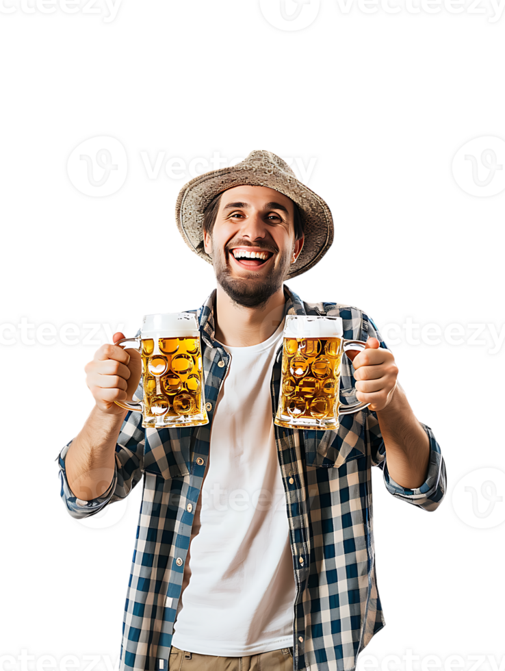Joyful guy with two beer mugs, pictured against a transparent background png
