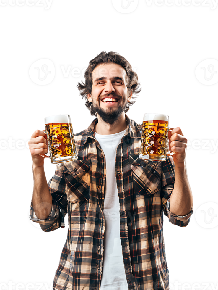 Joyful guy with two beer mugs, pictured against a transparent background png