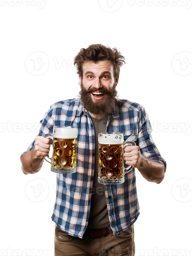 Joyful guy with two beer mugs, pictured against a transparent background png