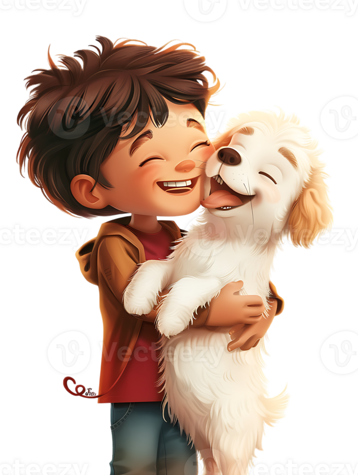 joyful young boy with a dog, isolated against a transparent background png