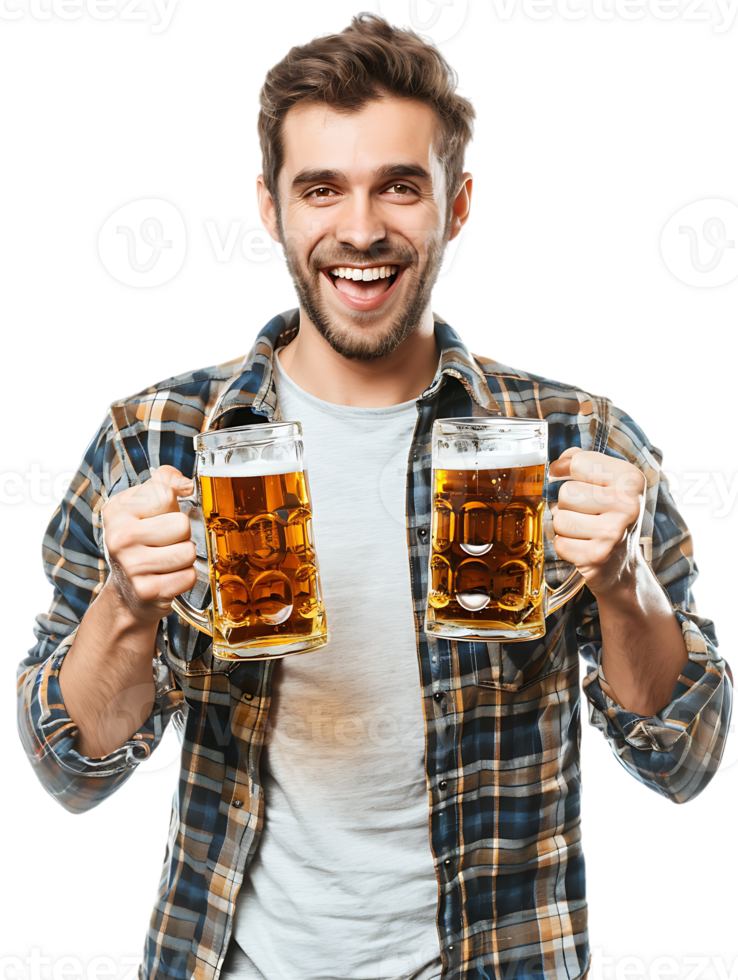 Joyful guy with two beer mugs, pictured against a transparent background png