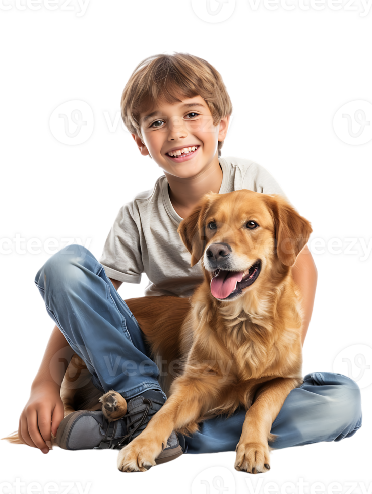 joyful young boy with a dog, isolated against a transparent background png