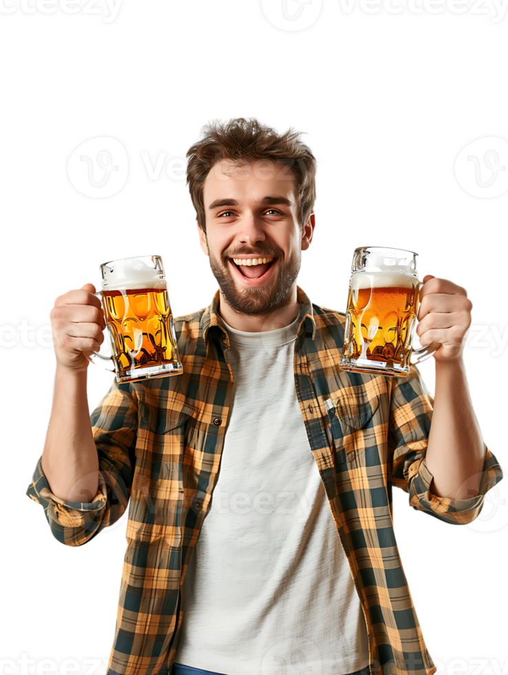 Joyful guy with two beer mugs, pictured against a transparent background png