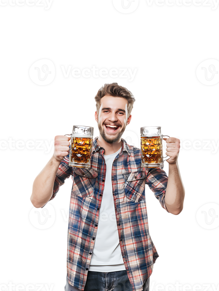 Joyful guy with two beer mugs, pictured against a transparent background png