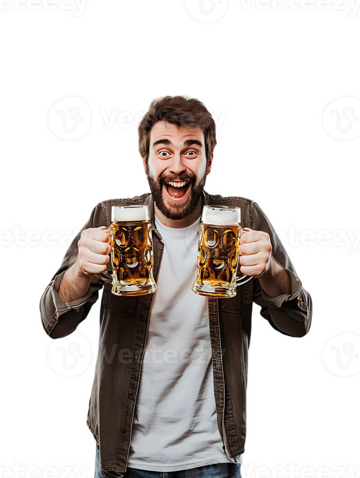 Joyful guy with two beer mugs, pictured against a transparent background png