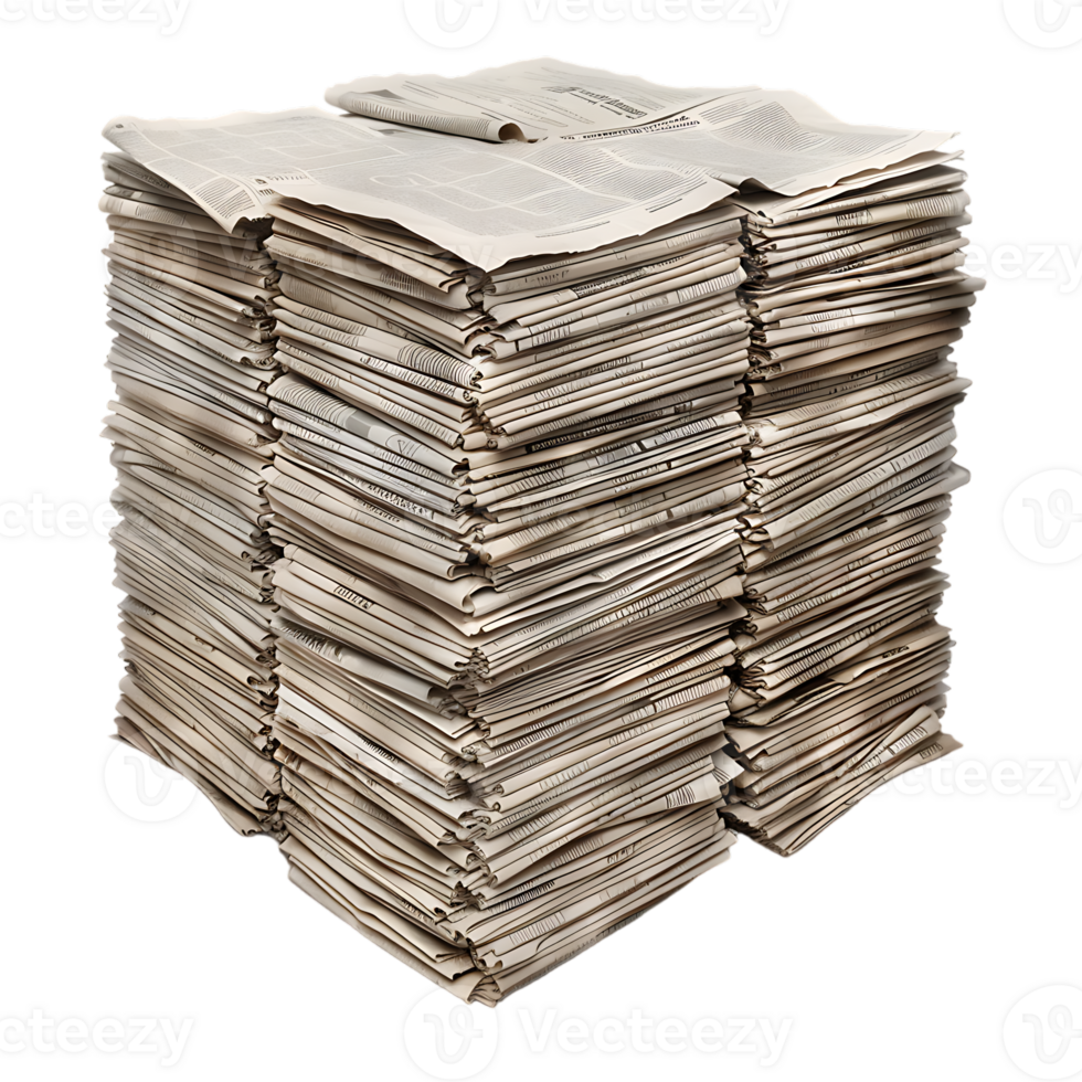 Isometric stack of newspapers, isolated against a transparent background png
