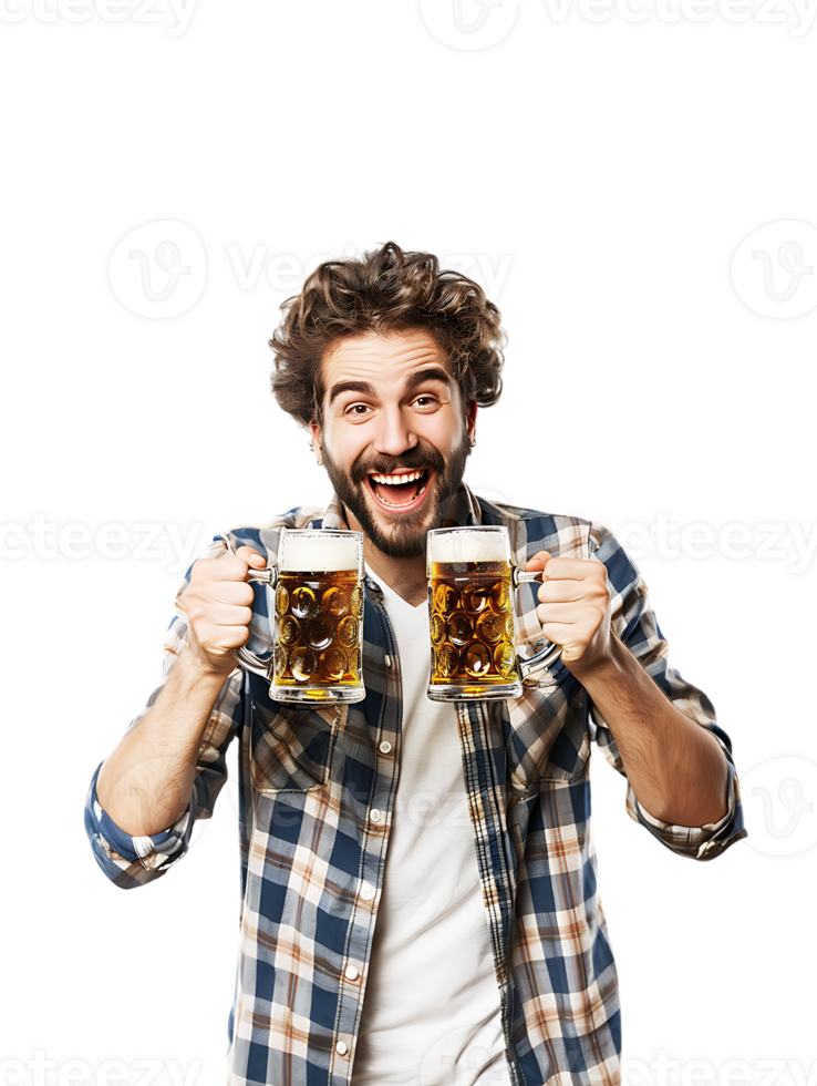 Joyful guy with two beer mugs, pictured against a transparent background png