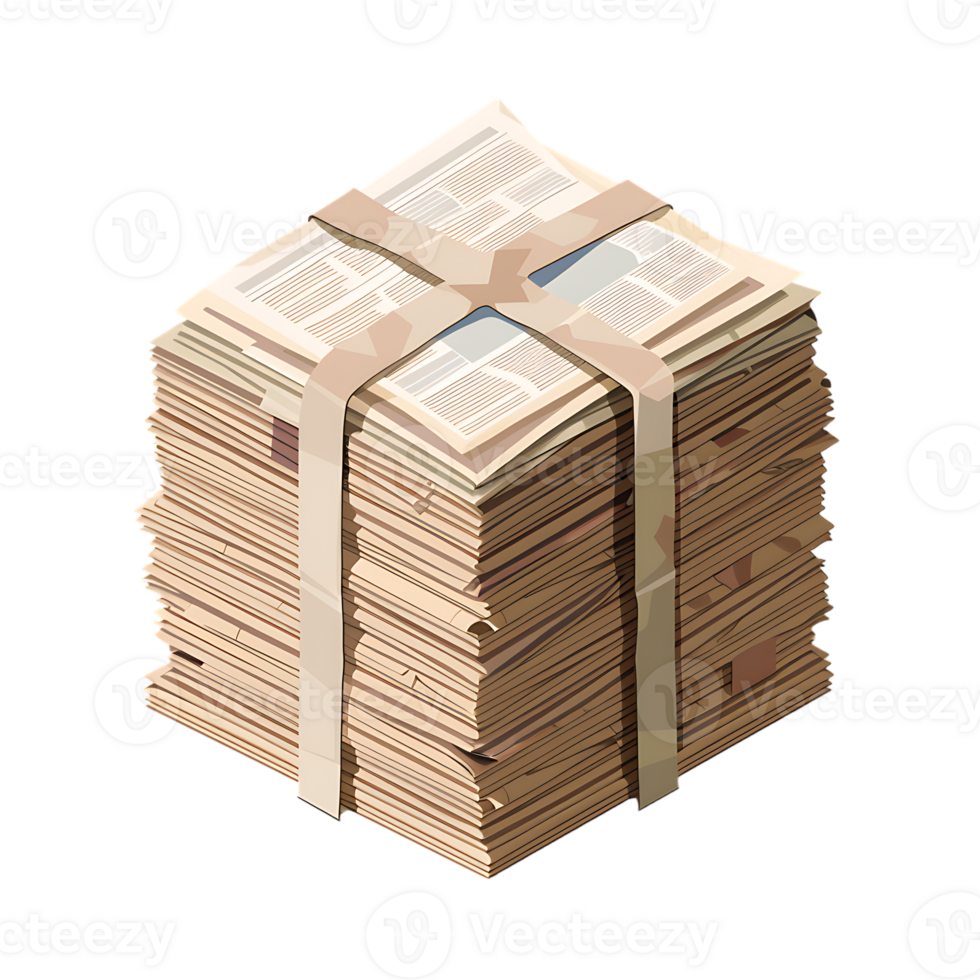 Isometric stack of newspapers, isolated against a transparent background png