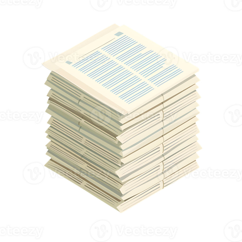 Isometric stack of newspapers, isolated against a transparent background png