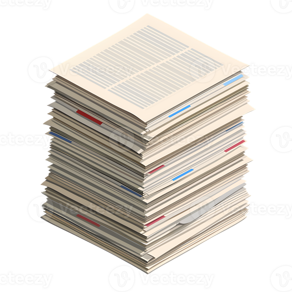 Isometric stack of newspapers, isolated against a transparent background png