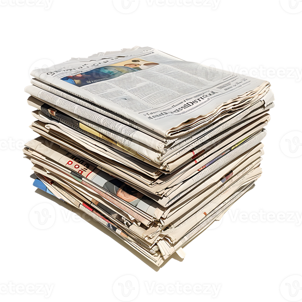 Isometric stack of newspapers, isolated against a transparent background png