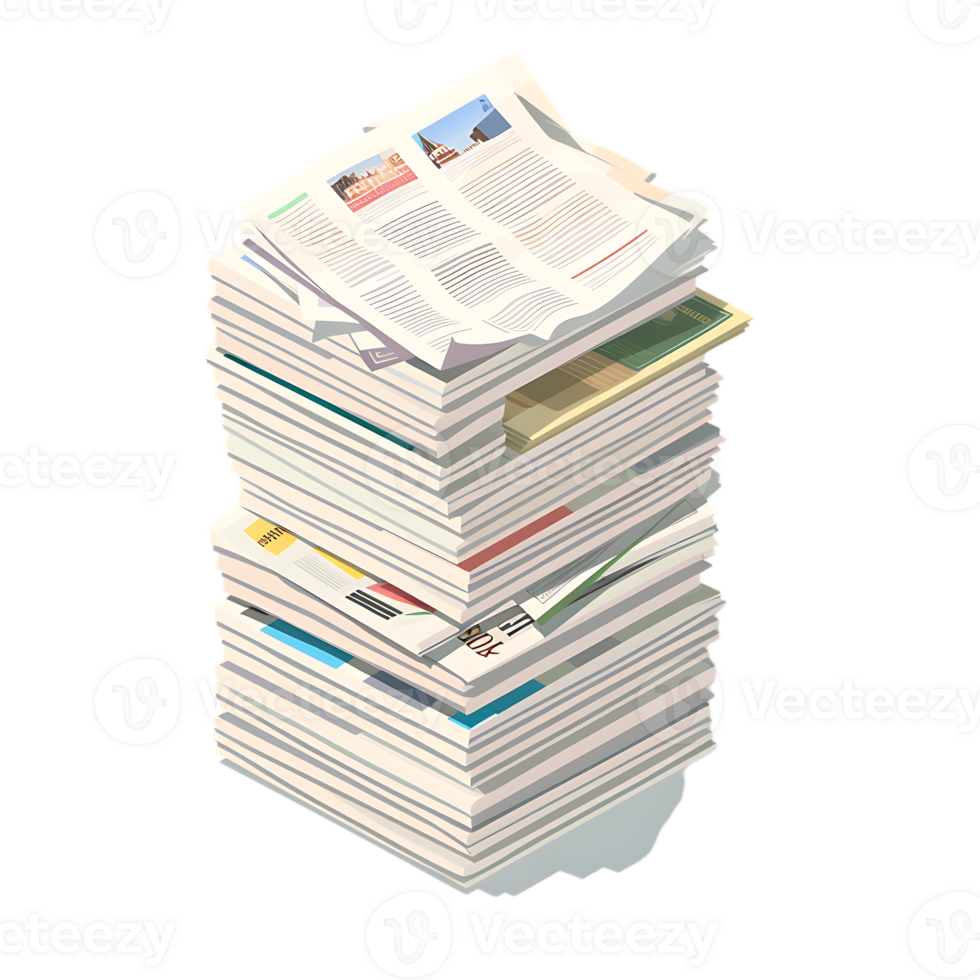 Isometric stack of newspapers, isolated against a transparent background png