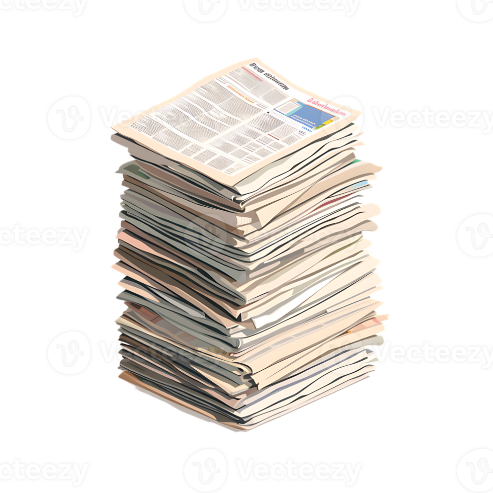 Isometric stack of newspapers, isolated against a transparent background png