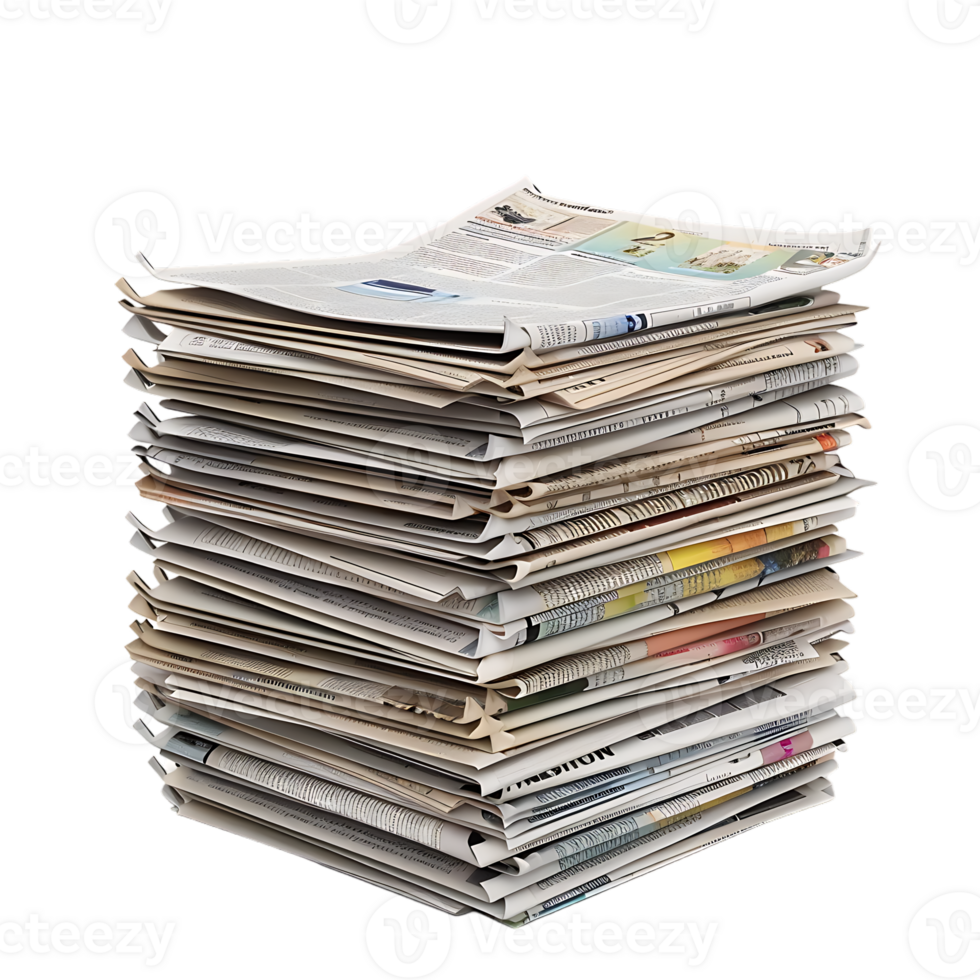 Isometric stack of newspapers, isolated against a transparent background png