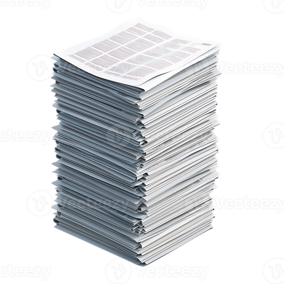 Isometric stack of newspapers, isolated against a transparent background png
