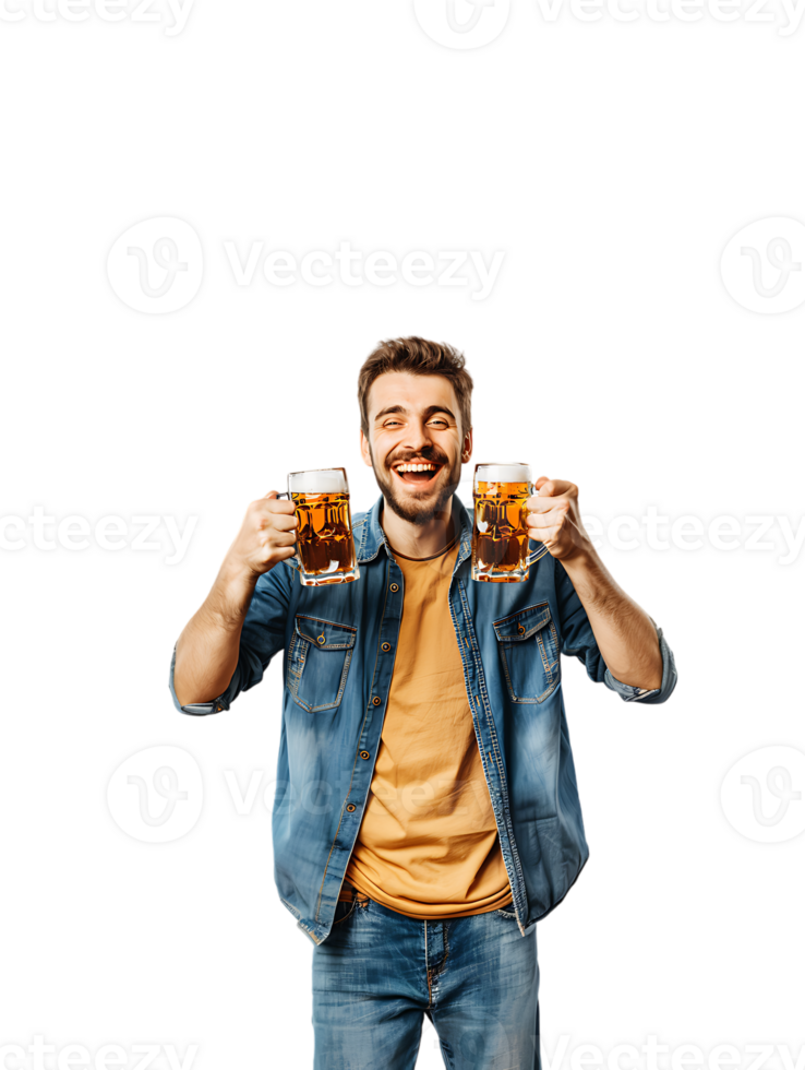 Joyful guy with two beer mugs, pictured against a transparent background png