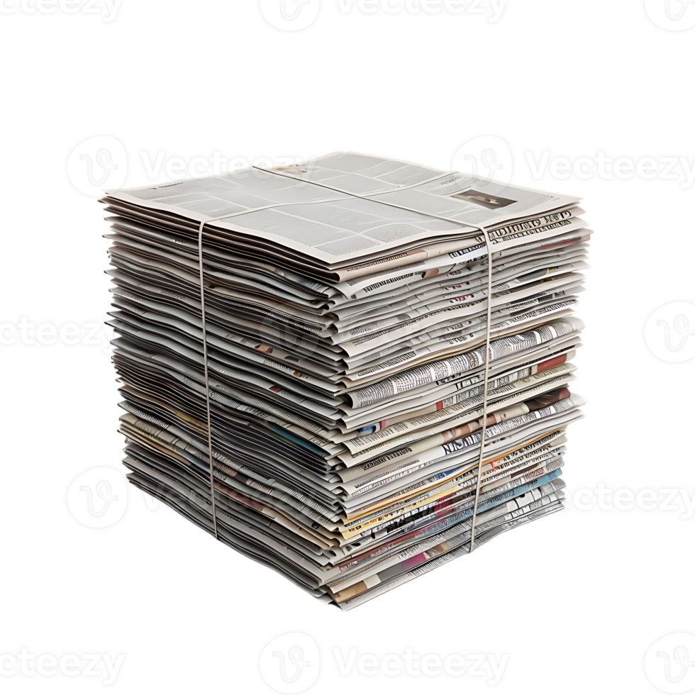 Isometric stack of newspapers, isolated against a transparent background png