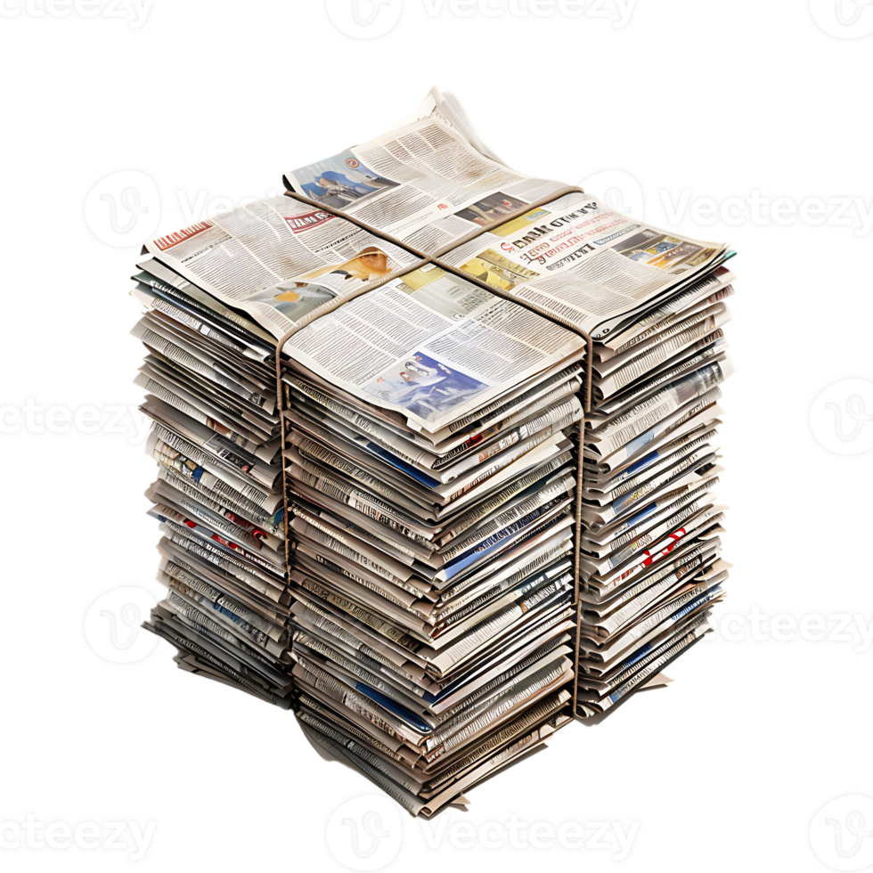Isometric stack of newspapers, isolated against a transparent background png