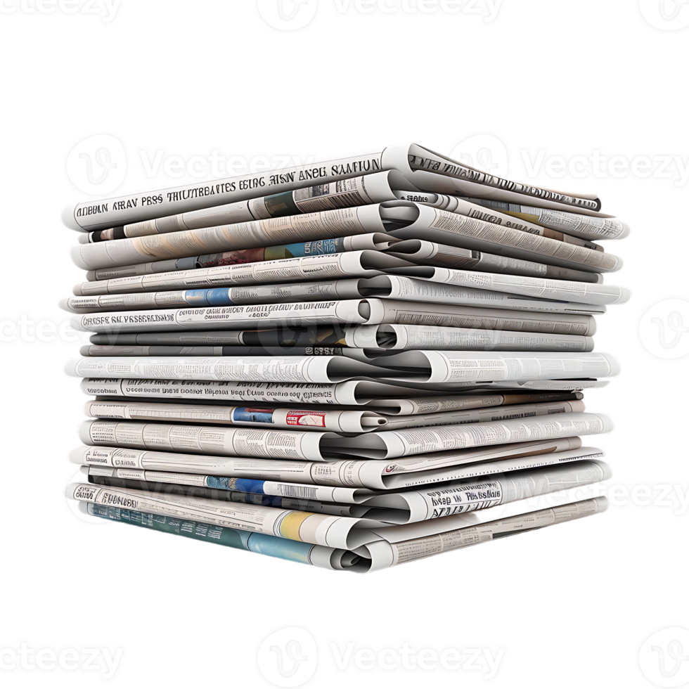 Isometric stack of newspapers, isolated against a transparent background png