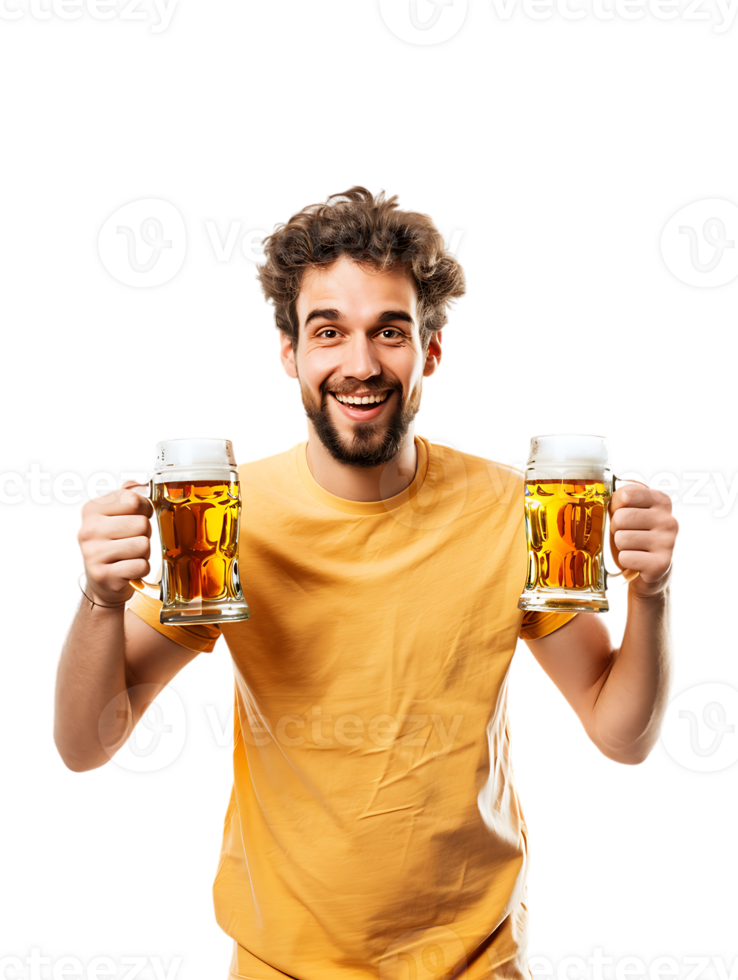 Joyful guy with two beer mugs, pictured against a transparent background png