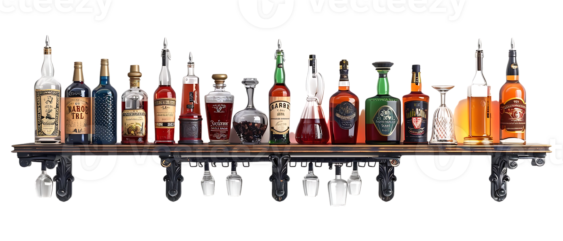 liquor shelf at the back bar, isolated against a transparent background png
