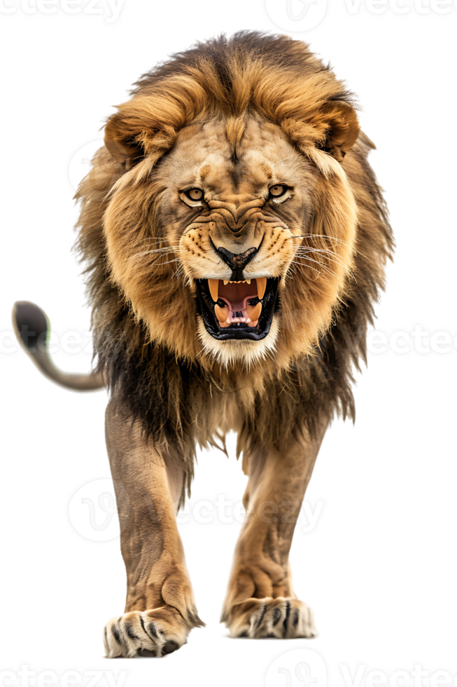 lion, looking fierce as it walks, isolated against a transparent background png
