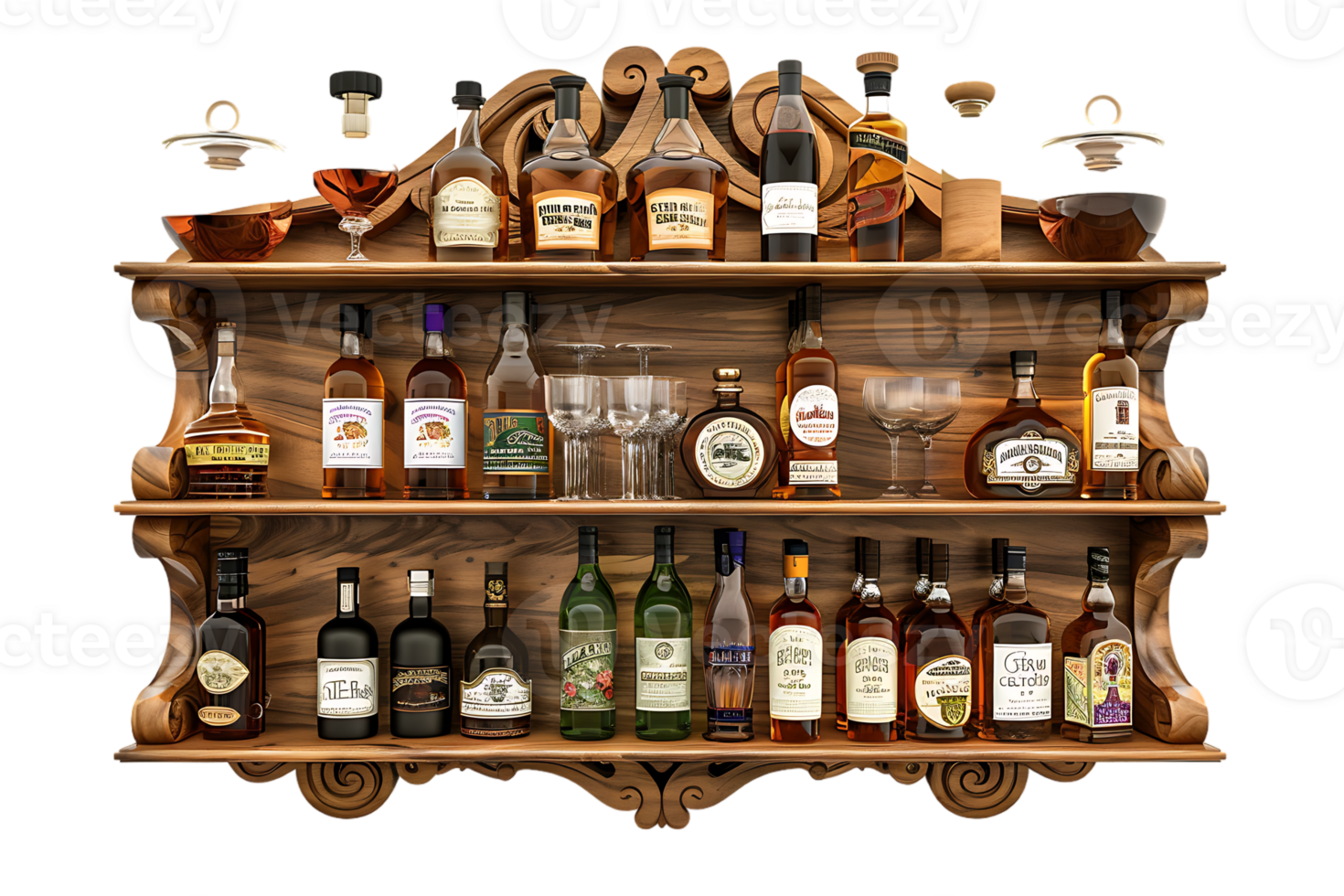 liquor shelf at the back bar, isolated against a transparent background png