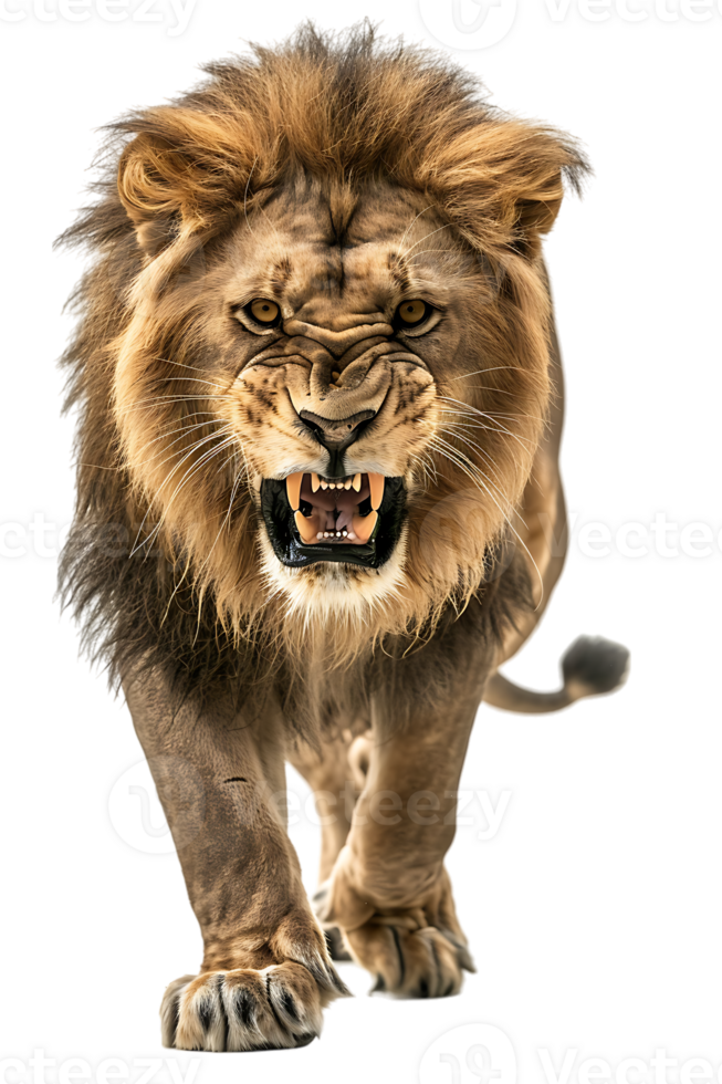 lion, looking fierce as it walks, isolated against a transparent background png