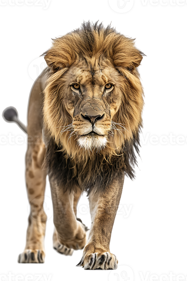 lion, looking fierce as it walks, isolated against a transparent background png
