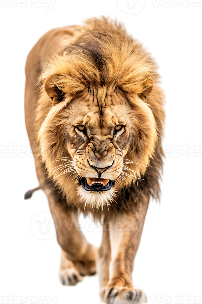 lion, looking fierce as it walks, isolated against a transparent background png