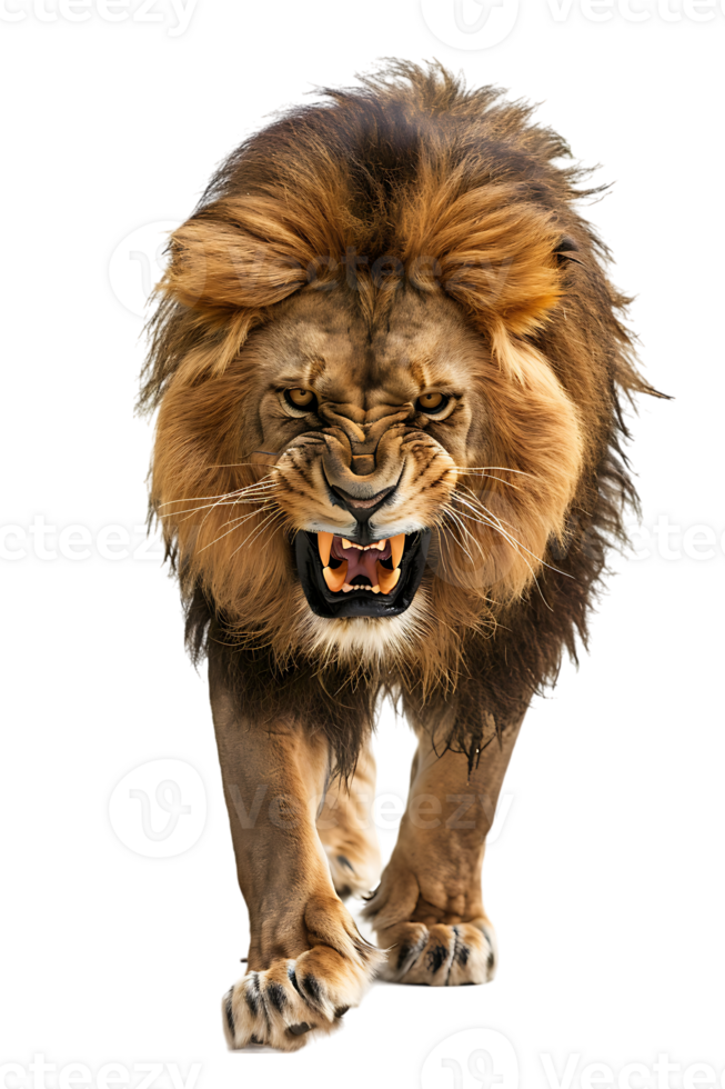 lion, looking fierce as it walks, isolated against a transparent background png