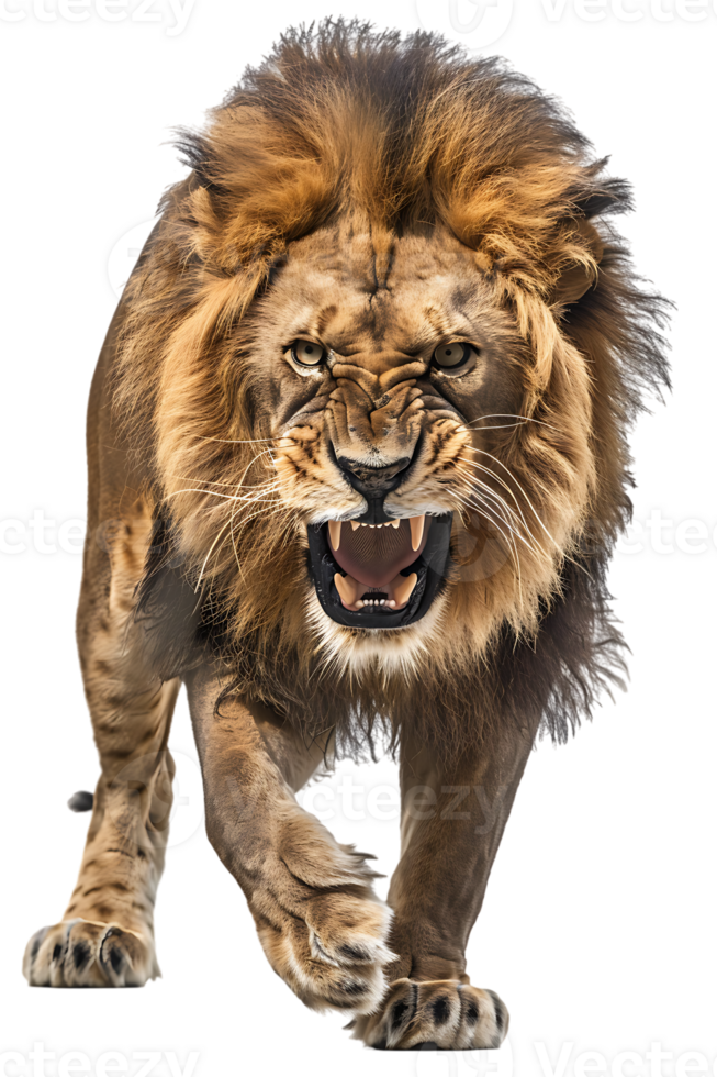 lion, looking fierce as it walks, isolated against a transparent background png