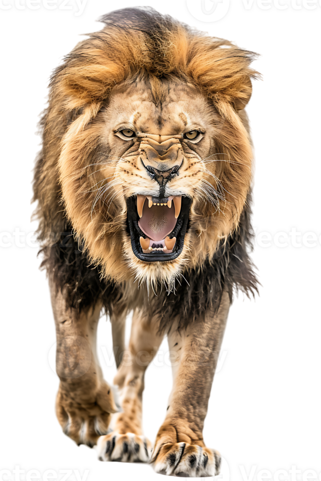lion, looking fierce as it walks, isolated against a transparent background png