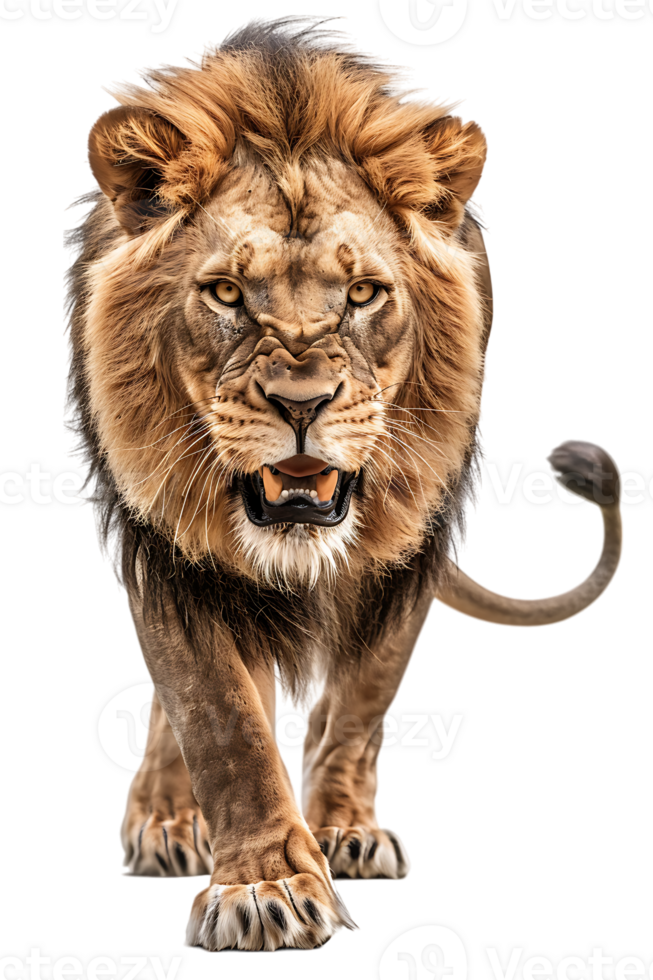 lion, looking fierce as it walks, isolated against a transparent background png
