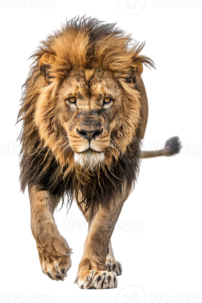 lion, looking fierce as it walks, isolated against a transparent background png