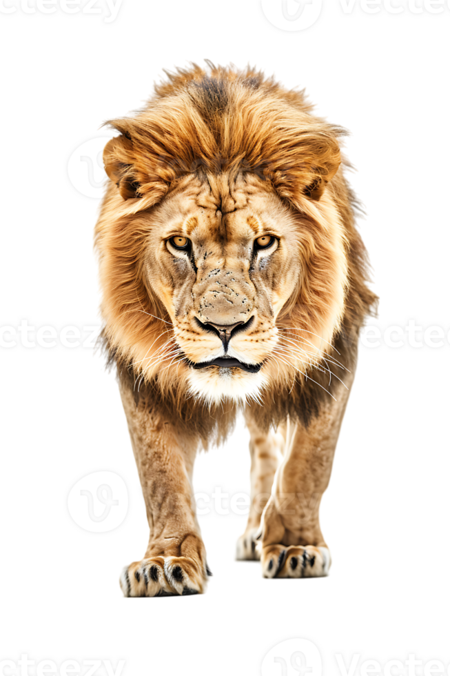 lion, looking fierce as it walks, isolated against a transparent background png