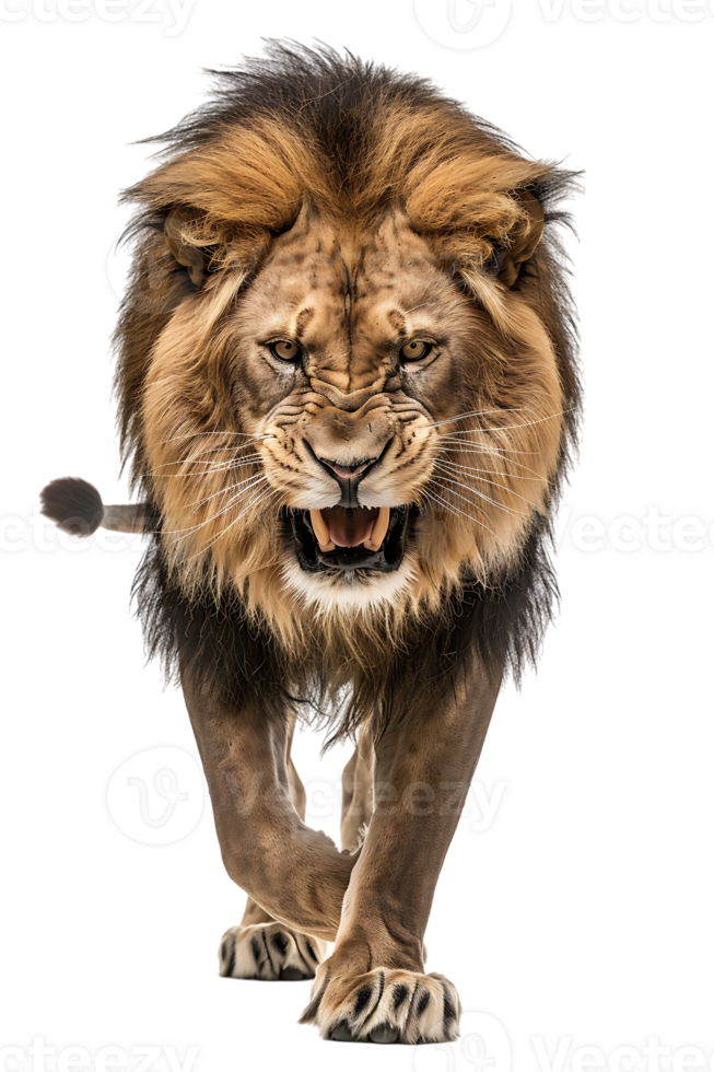 lion, looking fierce as it walks, isolated against a transparent background png