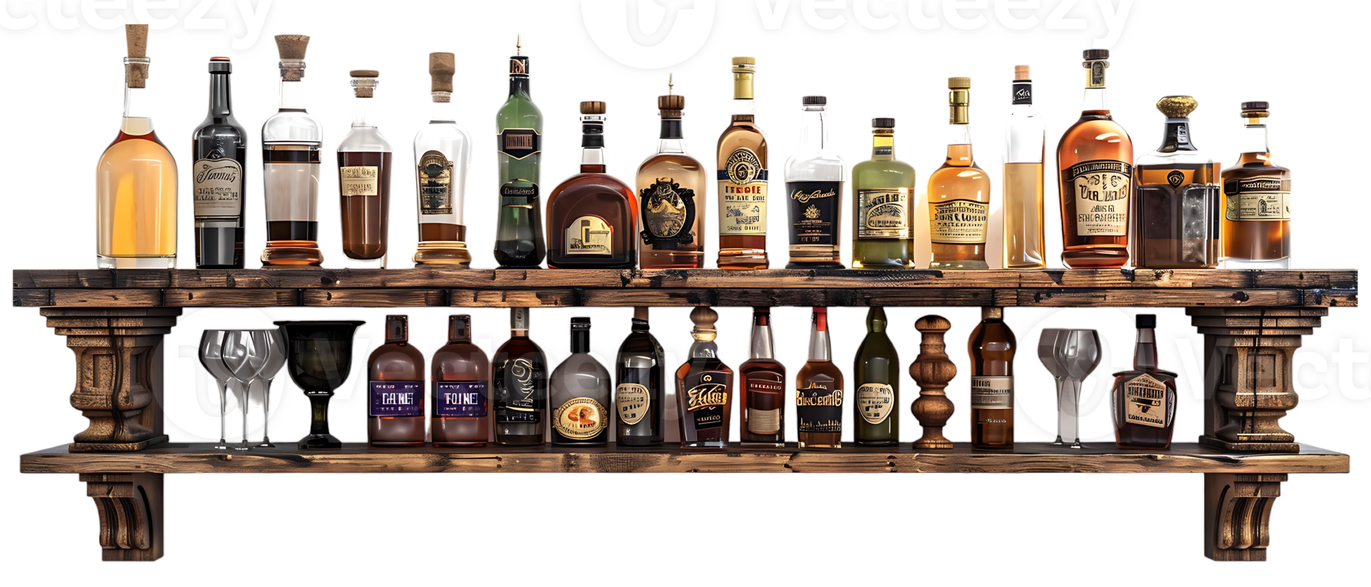 liquor shelf at the back bar, isolated against a transparent background png