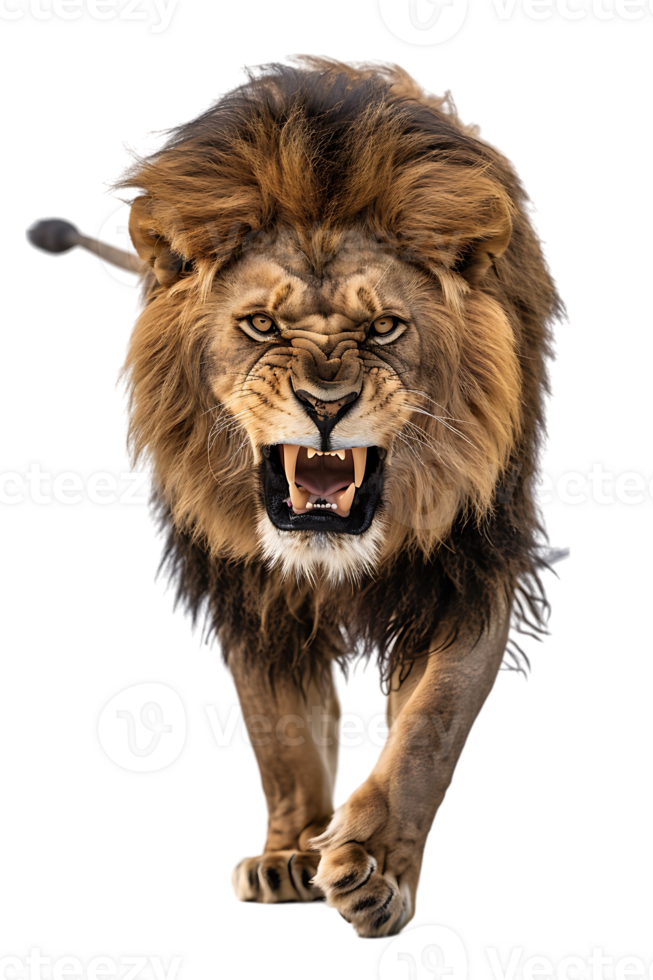 lion, looking fierce as it walks, isolated against a transparent background png