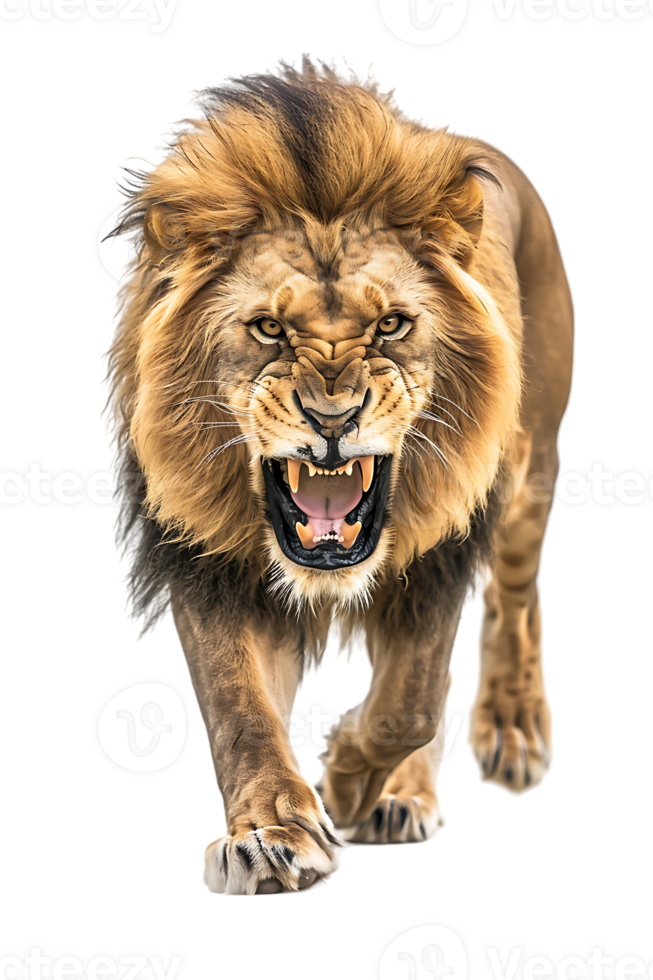 lion, looking fierce as it walks, isolated against a transparent background png