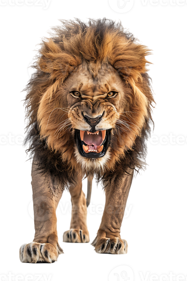 lion, looking fierce as it walks, isolated against a transparent background png
