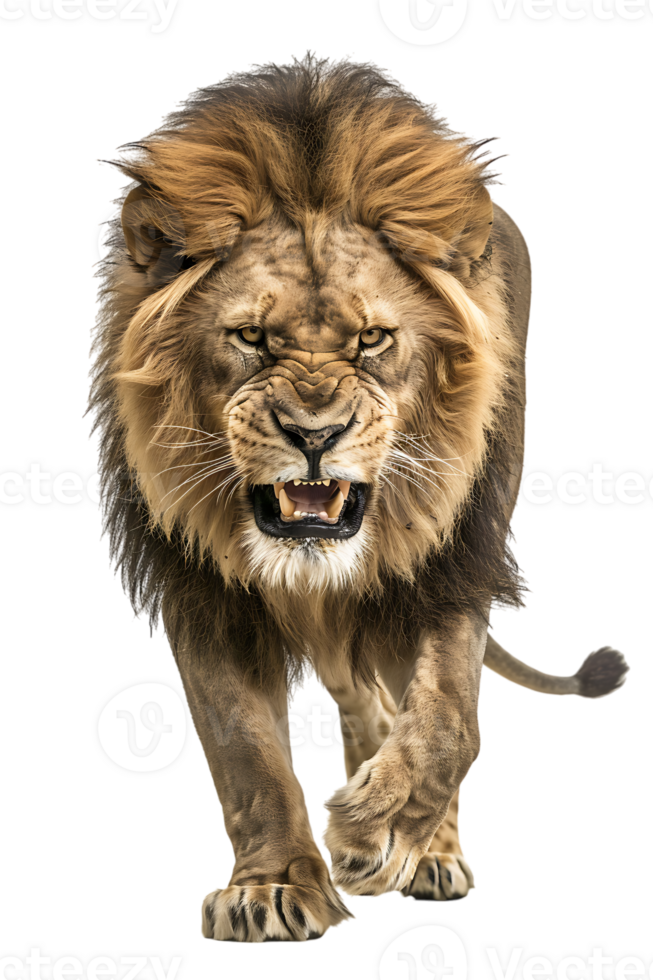 lion, looking fierce as it walks, isolated against a transparent background png