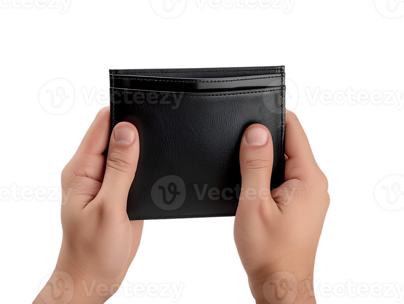 Male hands holding an empty black wallet, isolated against a transparent background png