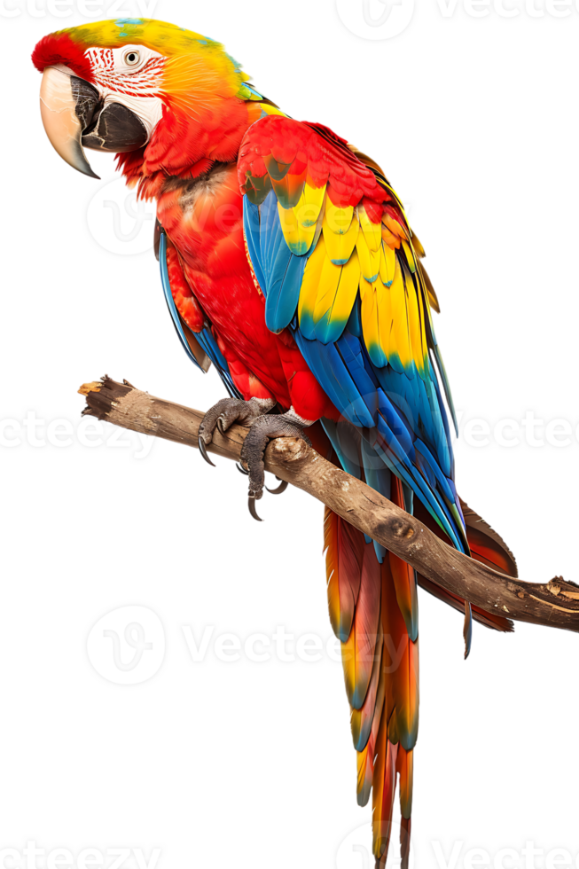 Macaw parrot on a branch, isolated against a transparent background png