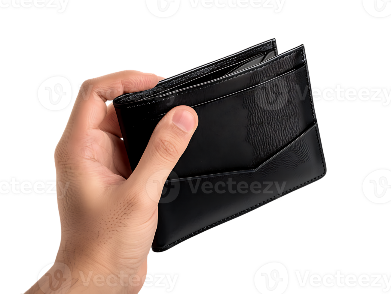 Male hands holding an empty black wallet, isolated against a transparent background png