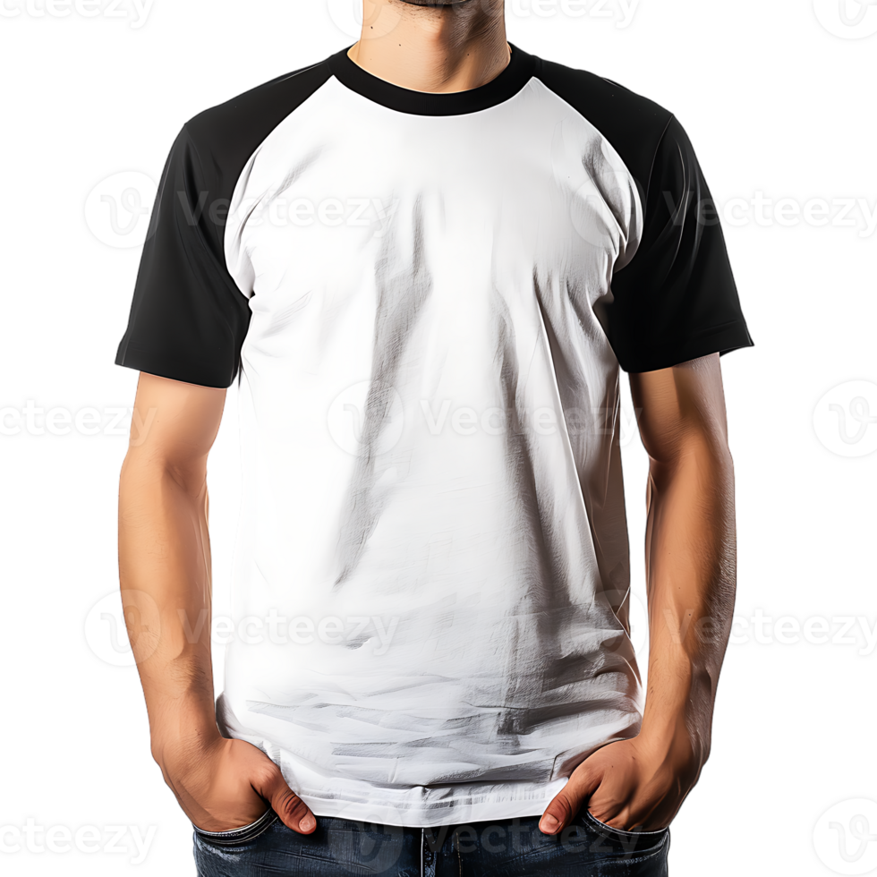 Man wearing a white and black t-shirt for mockup, isolated png