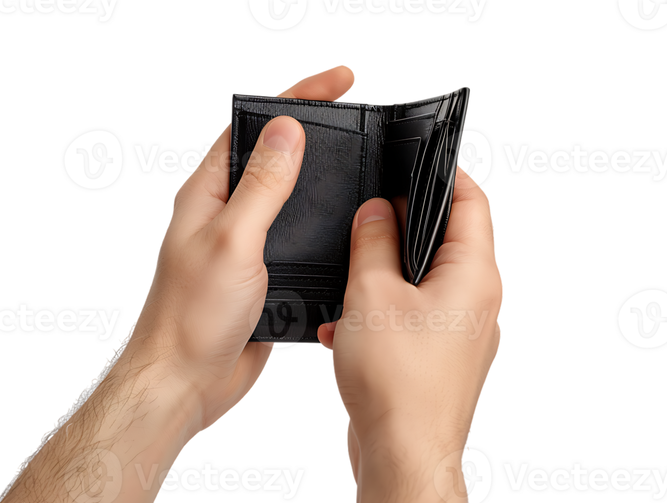 Male hands holding an empty black wallet, isolated against a transparent background png